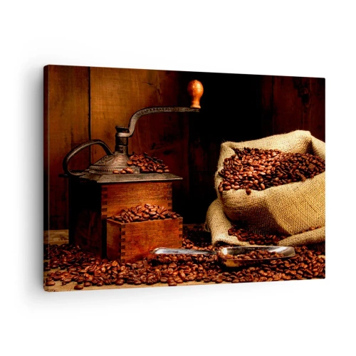 Tablou pe pânză Canvas - O râșniță de cafea veche cu boabe și o pungă, în stil rustic. - 70x50cm - Natură moartă cu boabe de cafea și măcinător - Decorațiune modernă pentru perete pentru living și dormitor ARTTOR