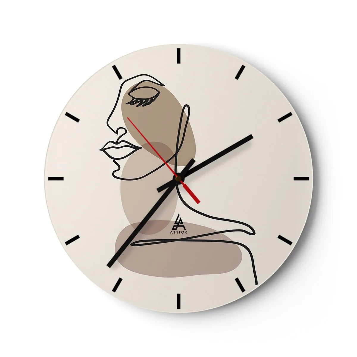 Ceas de perete - Ceas pe sticlă - Un portret minimalist al unei femei în stil liniar și pete bej. - 30x30cm - O anumită linie de frumusețe - Decorațiune modernă pentru perete pentru living, bucătărie și dormitor ARTTOR