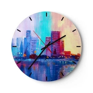 Ceas de perete - Ceas pe sticlă - O panoramă colorată a orașului, iluminată de soarele care apune - 30x30cm - Scăldate în culoare - Decorațiune modernă pentru perete pentru living, bucătărie și dormitor ARTTOR