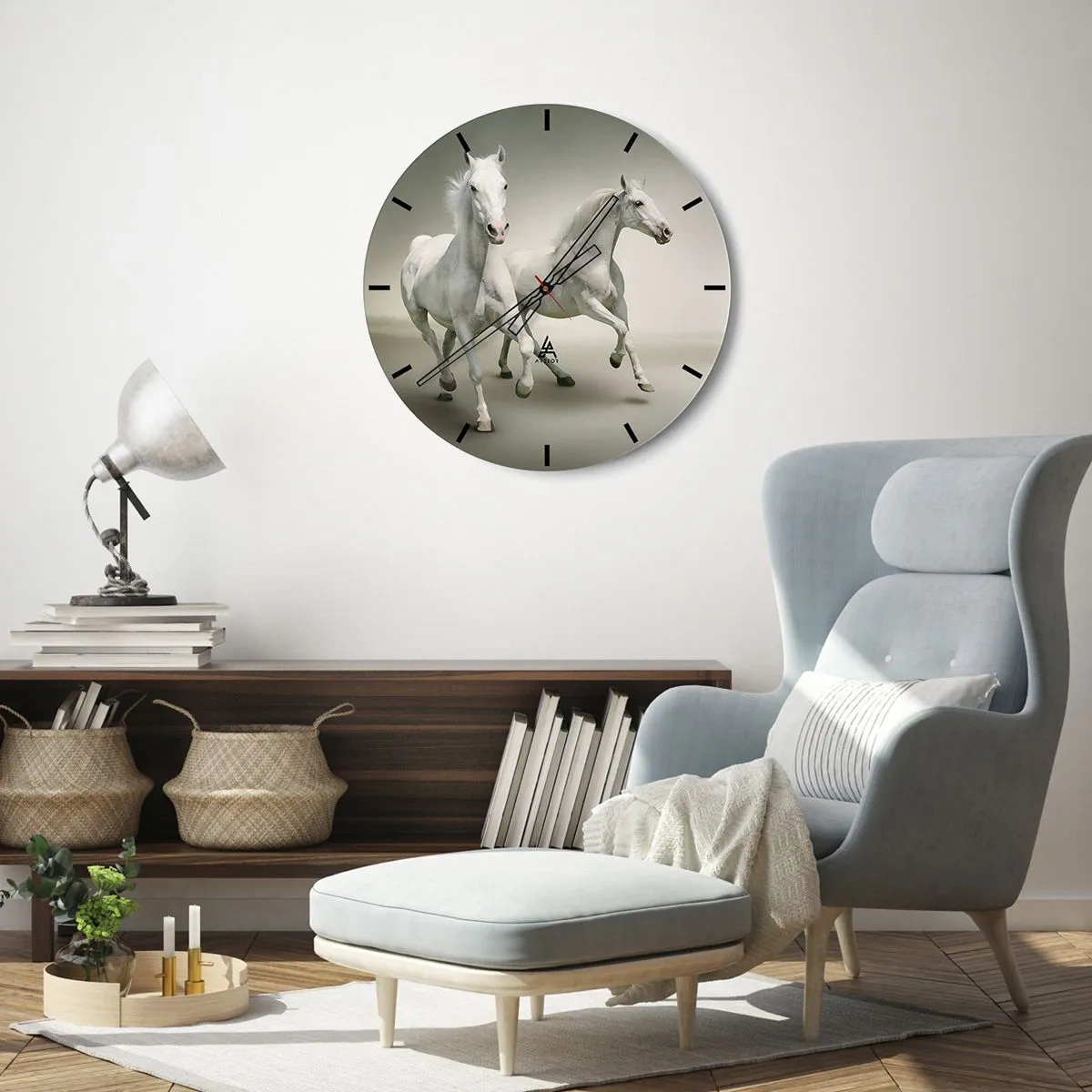 Ceas de perete - Ceas pe sticlă - Doi cai albi alergând pe un fundal luminos - 30x30cm - White power! - Decorațiune modernă pentru perete pentru living, bucătărie și dormitor ARTTOR