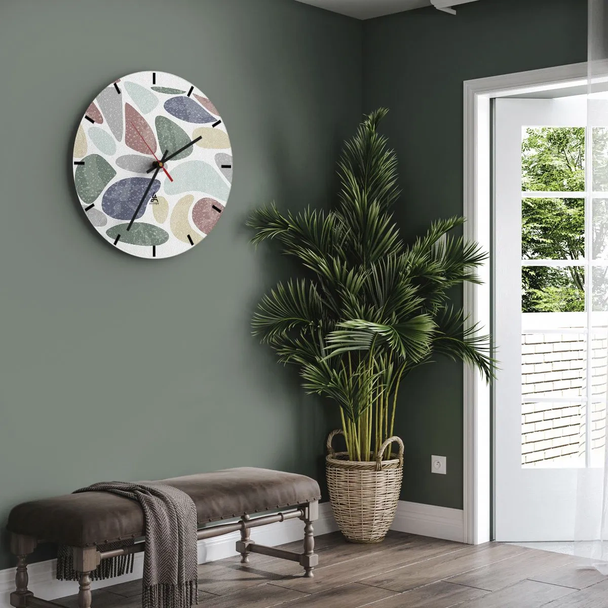 Ceas de perete - Ceas pe sticlă - Forme organice colorate pe un fundal deschis - 30x30cm - Un mozaic de culori pudrate - Decorațiune modernă pentru perete pentru living, bucătărie și dormitor ARTTOR