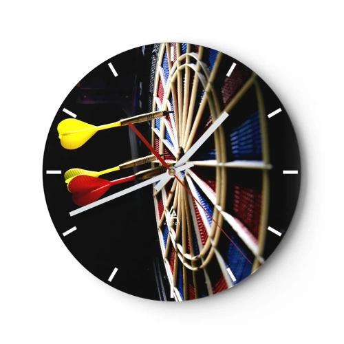 Ceas de perete - Ceas pe sticlă - Darts care lovesc ținta - 30x30cm - Direct la subiect - Decorațiune modernă pentru perete pentru living, bucătărie și dormitor ARTTOR