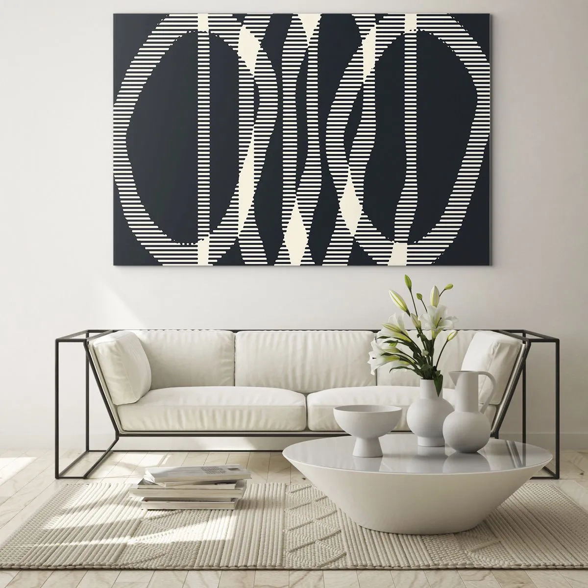 Tablou pe sticlă - Linii geometrice în nuanțe de negru și bej - 70x50cm - Încercare de străpungere a întunericului - Decorațiune modernă pentru perete pentru living și dormitor ARTTOR