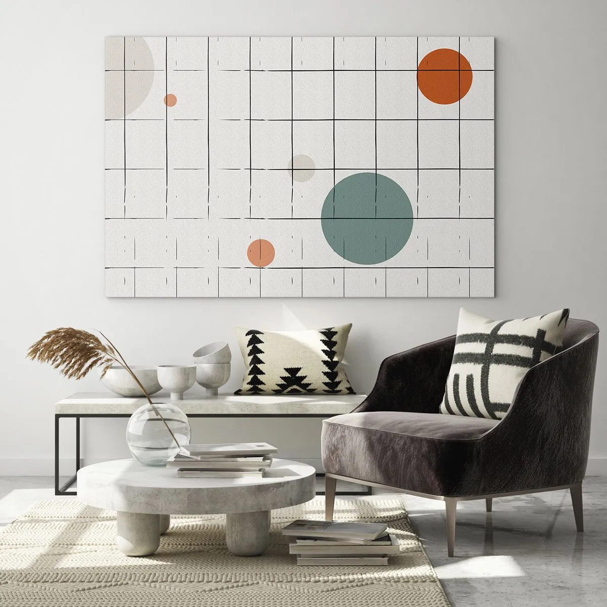 Tablou pe sticlă - Cercuri colorate pe o grilă geometrică de linii subțiri - 70x50cm - În capcană. Noi sau ele? - Decorațiune modernă pentru perete pentru living și dormitor ARTTOR