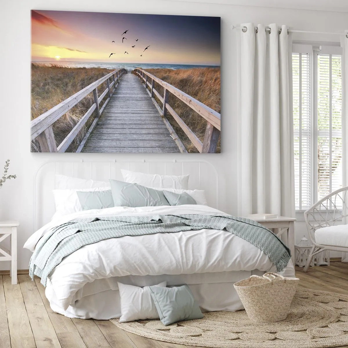 Tablou pe pânză Canvas - Debarcader din lemn care duce la plajă la apus - 70x50cm - Spațiul pentru a zbura - Decorațiune modernă pentru perete pentru living și dormitor ARTTOR