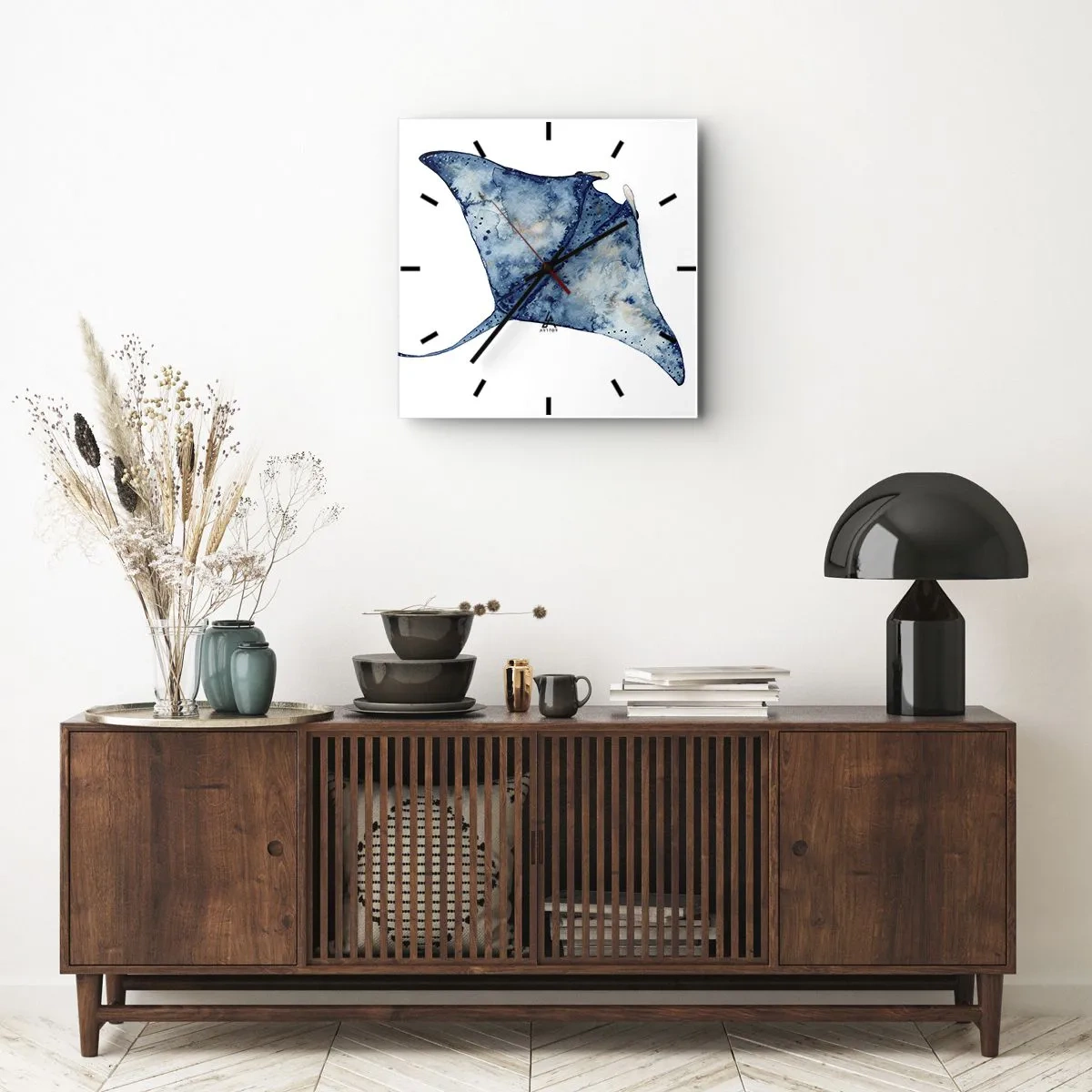 Ceas de perete - Ceas pe sticlă - Viața în albastru - 40x40 cm