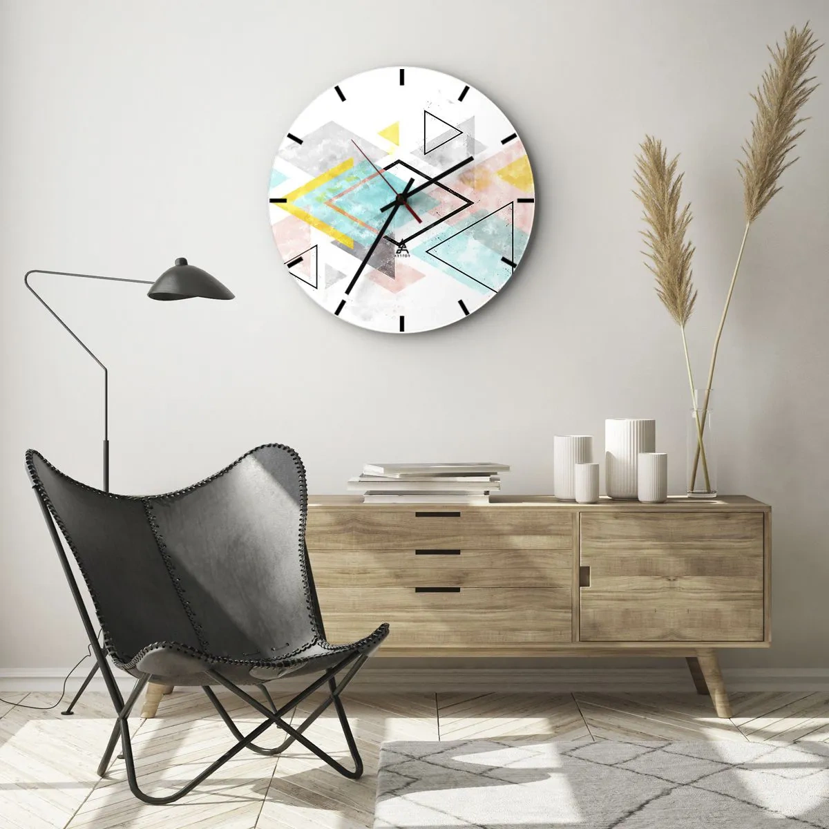 Ceas de perete - Ceas pe sticlă - Triunghiuri și romburi colorate într-un stil geometric - 30x30cm - Joc geometric - Decorațiune modernă pentru perete pentru living, bucătărie și dormitor ARTTOR