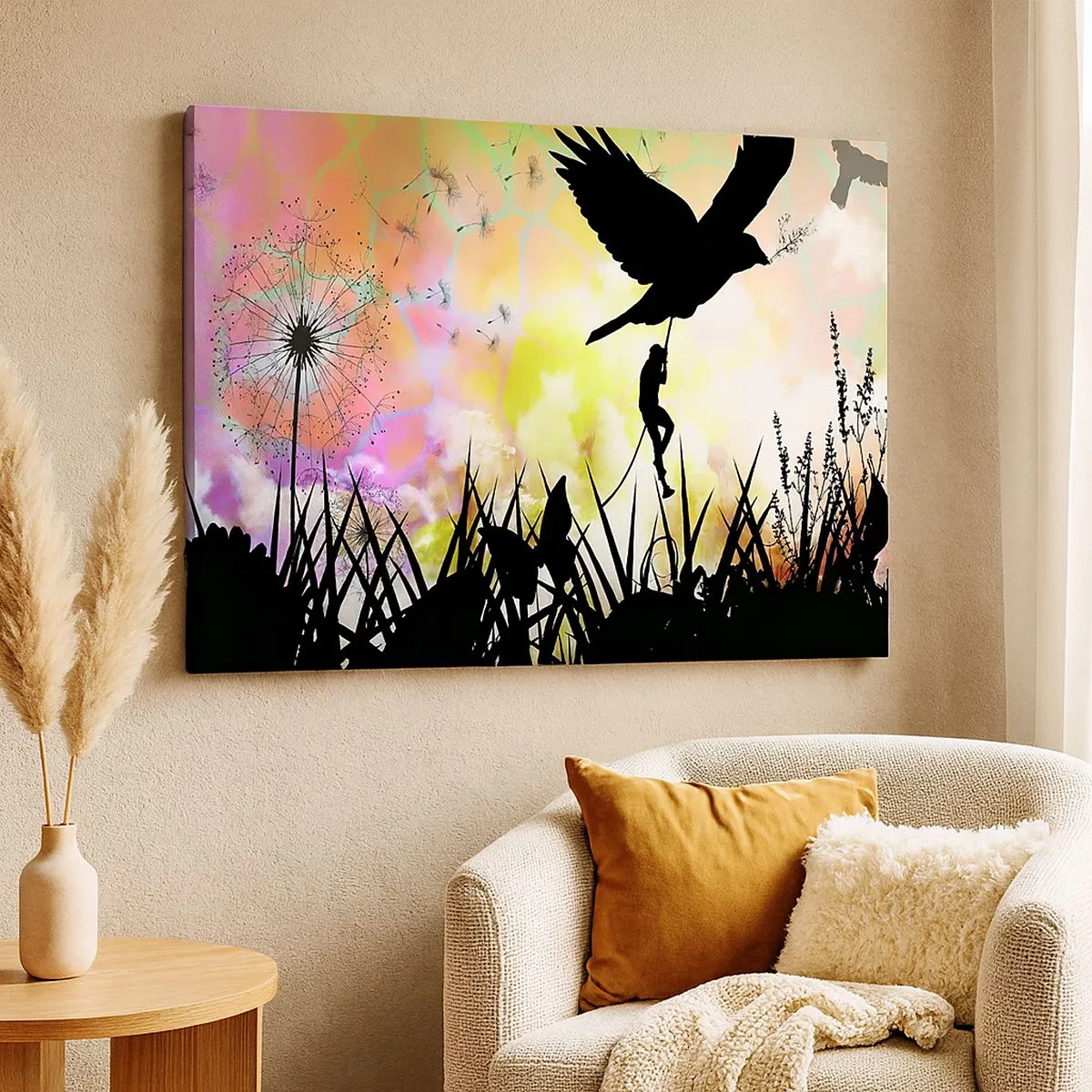 Tablou pe pânză Canvas - Siluetă naturală cu o pasăre și o păpădie - 70x50cm - Într-o atmosferă de basm - Decorațiune modernă pentru perete pentru living și dormitor ARTTOR