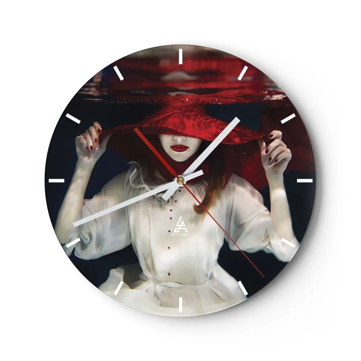 Ceas de perete - Ceas pe sticlă - O figură cu o pălărie roșie scufundată sub apă - 30x30cm - Frumoasa fantomă - Decorațiune modernă pentru perete pentru living, bucătărie și dormitor ARTTOR