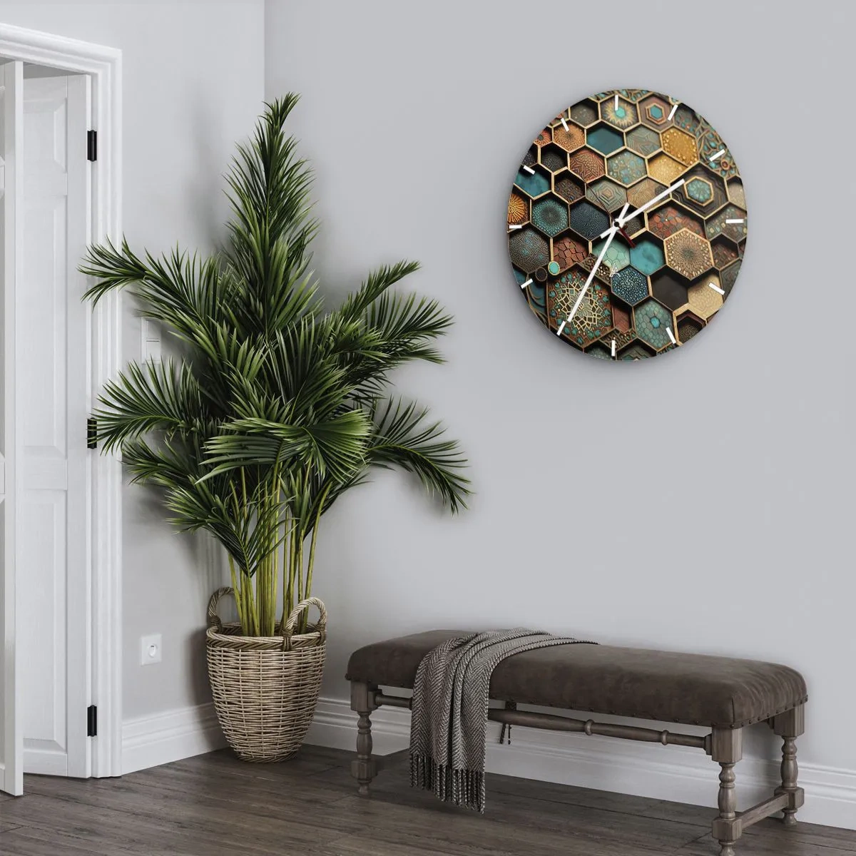 Ceas de perete - Ceas pe sticlă - Hexagone multicolore cu modele orientale - 30x30cm - Ornamente arabe - o variație - Decorațiune modernă pentru perete pentru living, bucătărie și dormitor ARTTOR
