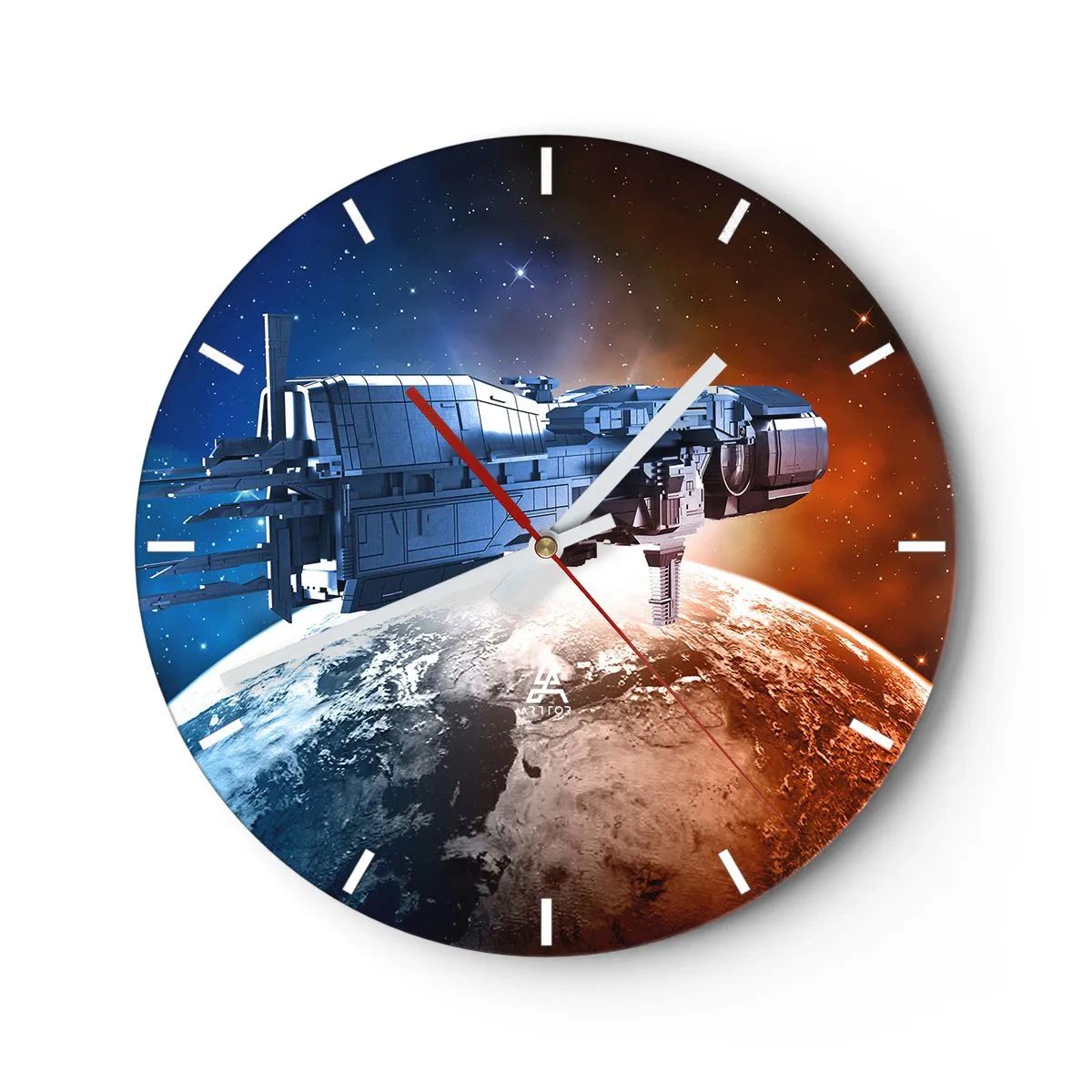 Ceas de perete - Ceas pe sticlă - Un cadran de ceas cu motivul unei nave spațiale plutind deasupra Pământului - 30x30cm - Observator atent - Decorațiune modernă pentru perete pentru living, bucătărie și dormitor ARTTOR
