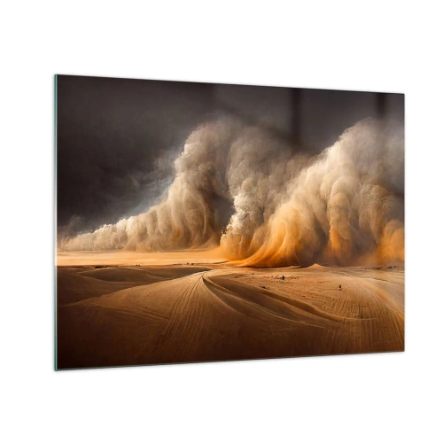 Tablou pe sticlă - O furtună de nisip peste deșert în lumină dramatică - 70x50cm - Mânia deșertului - Decorațiune modernă pentru perete pentru living și dormitor ARTTOR