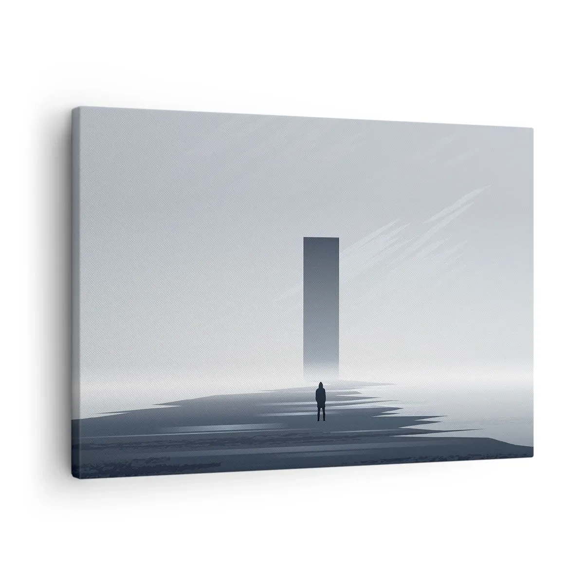 Tablou pe pânză Canvas - Un peisaj minimalist cu o siluetă lângă un monolit dreptunghiular - 70x50cm - Oportunitate sau amenințare? - Decorațiune modernă pentru perete pentru living și dormitor ARTTOR