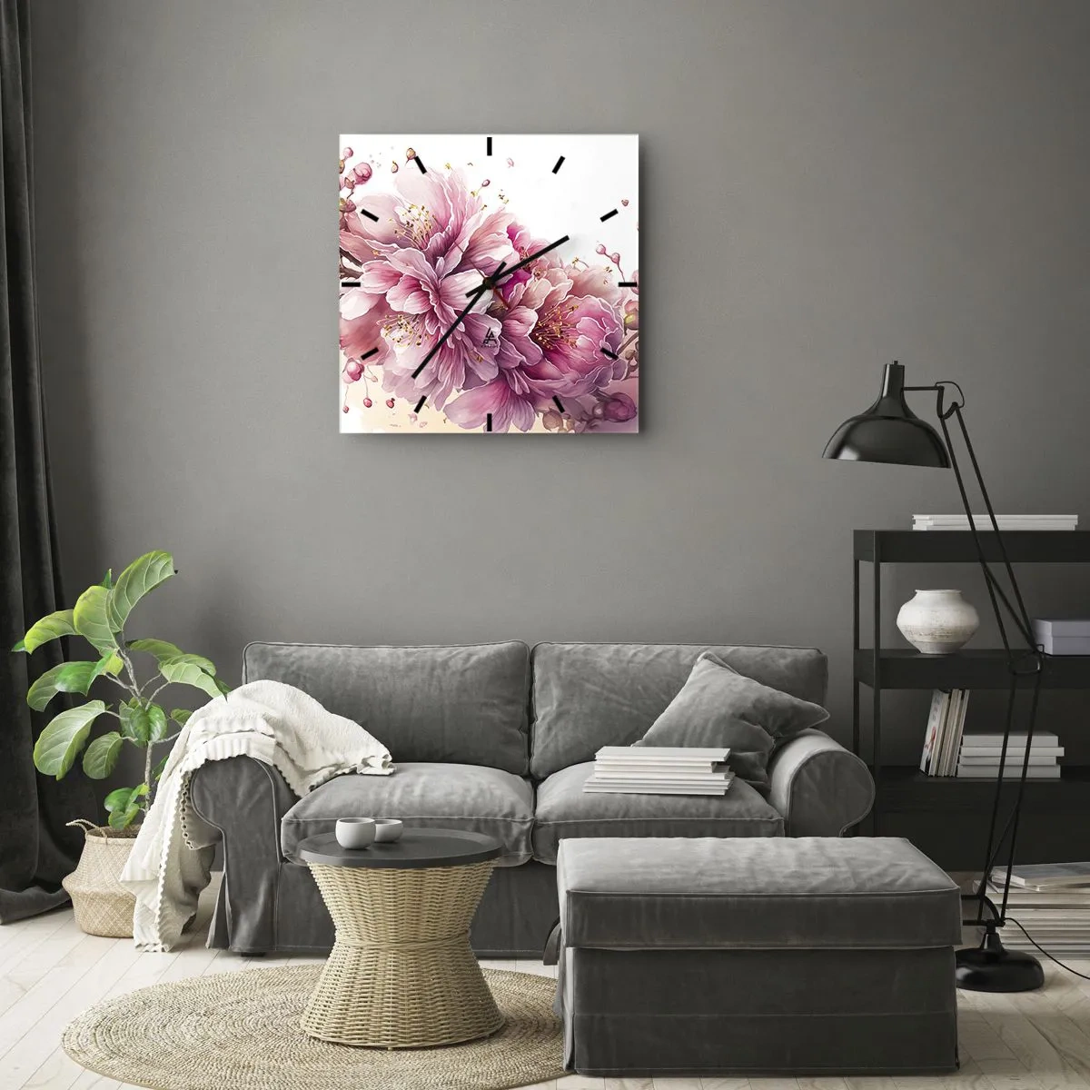 Ceas de perete - Ceas pe sticlă - Flori de cireș - 40x40 cm