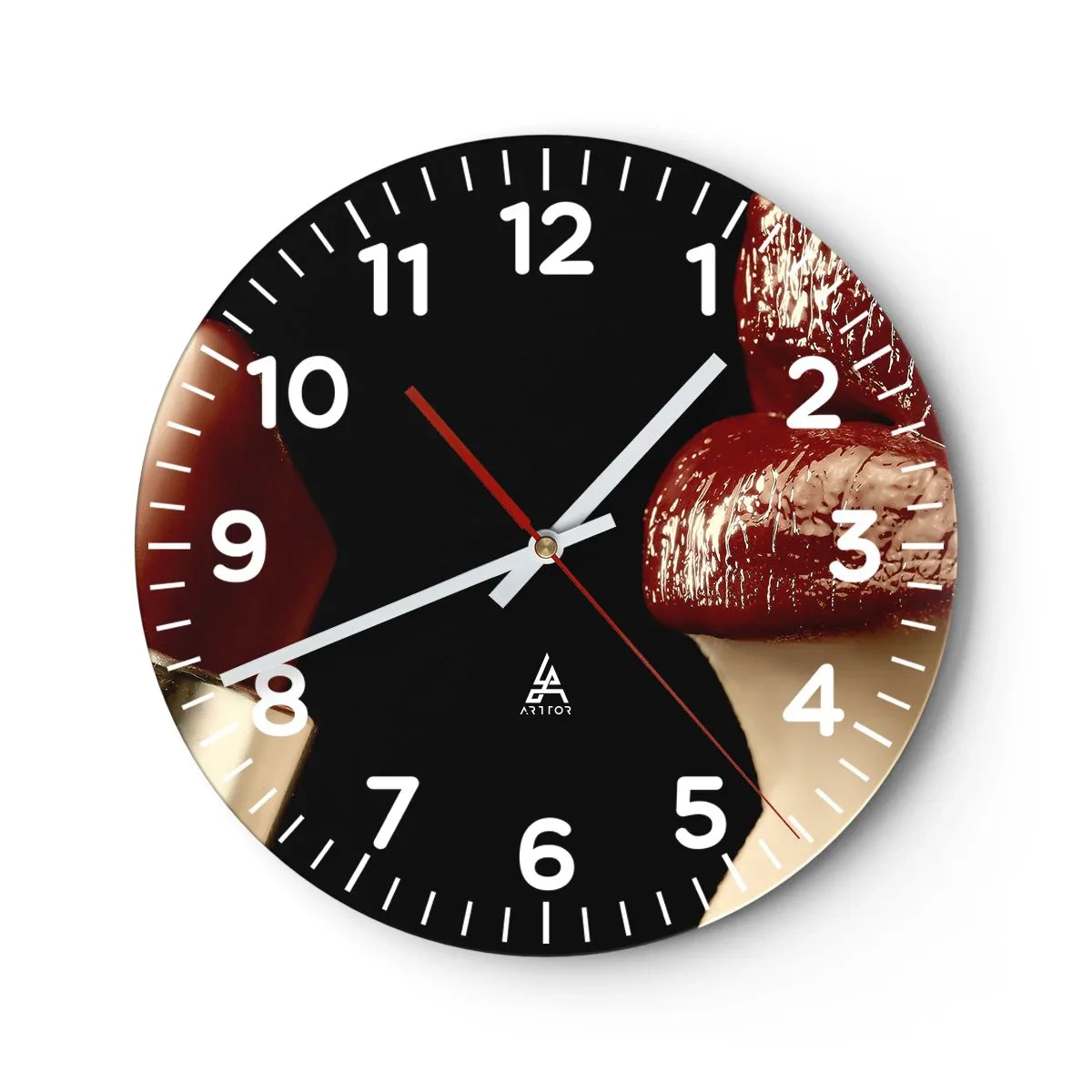 Ceas de perete - Ceas pe sticlă - Senzualitatea și strălucirea carminului - 30x30 cm