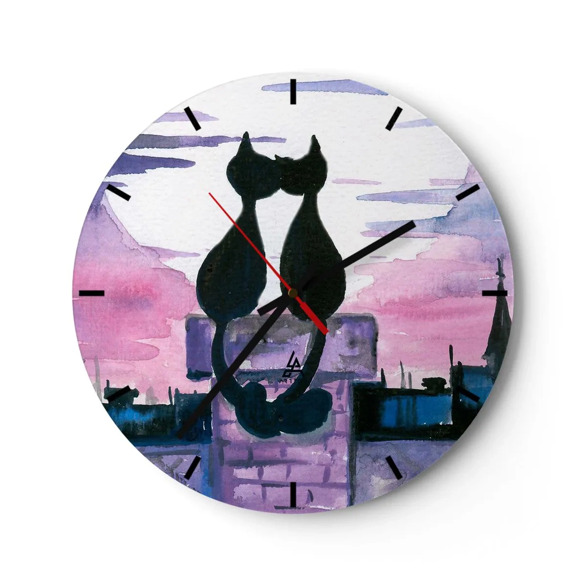 Ceas de perete - Ceas pe sticlă - Siluete a două pisici pe cerul roz - 30x30cm - Rendez-vous sub lună - Decorațiune modernă pentru perete pentru living, bucătărie și dormitor ARTTOR
