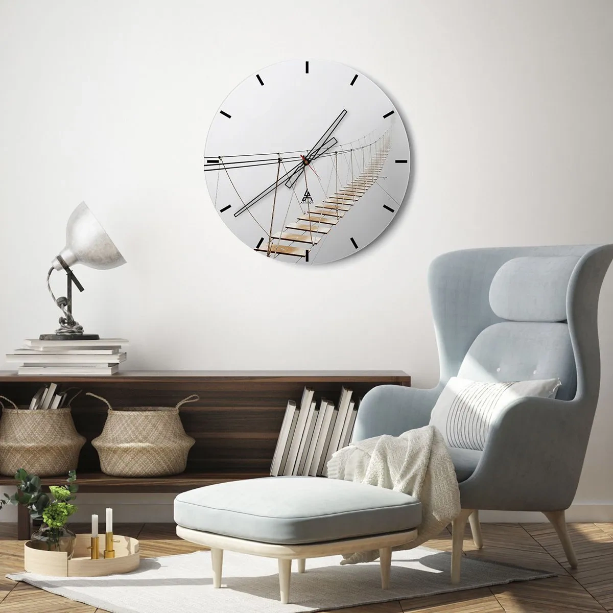 Ceas de perete - Ceas pe sticlă - Femeie în rochie neagră stând pe balcon în alb și negru - 30x30cm - Unde te va duce? - Decorațiune modernă pentru perete pentru living, bucătărie și dormitor ARTTOR