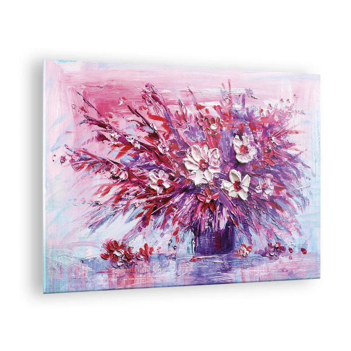 Tablou pe sticlă - Un buchet de flori în nuanțe de roz și violet - 70x50cm - Inocență și pasiune  - Decorațiune modernă pentru perete pentru living și dormitor ARTTOR