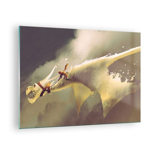Tablou pe sticlă - O figură pe spatele unui dragon alb într-un peisaj cețos - 70x50cm - Salvăm lumea - Decorațiune modernă pentru perete pentru living și dormitor ARTTOR