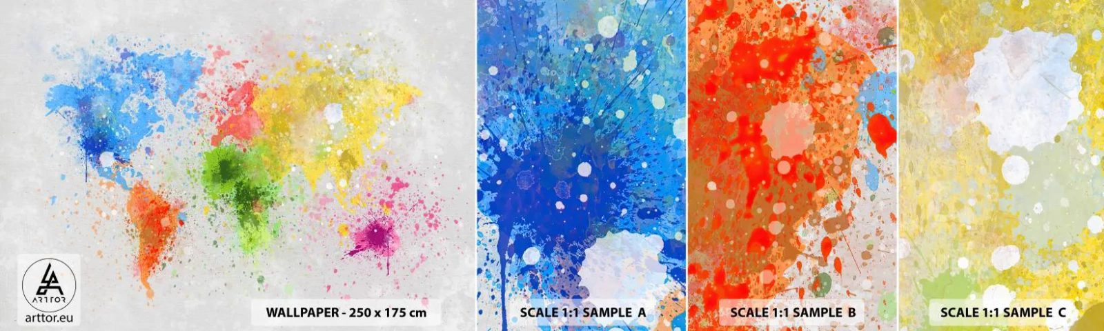 Mostră tapet autocolant Deluxe Sticker - Toate culorile lumii - Harta lumii, Continente, Călătorii - 100x30 cm