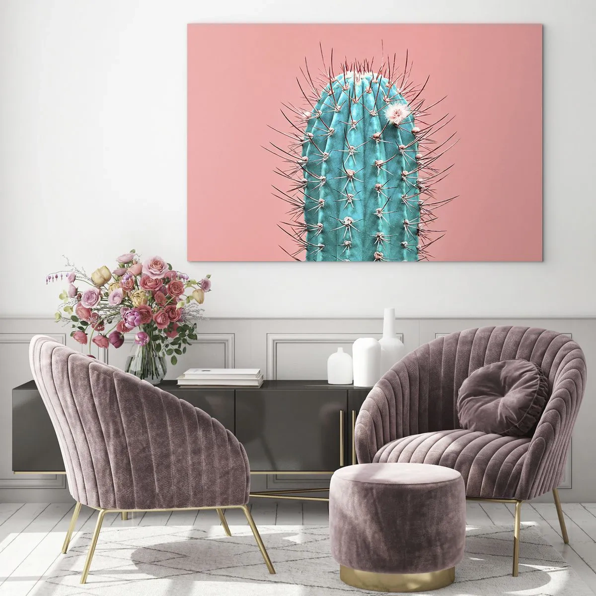 Tablou pe sticlă - Cactus verde cu spini pe fundal roz - 70x50cm - Doar privește - Decorațiune modernă pentru perete pentru living și dormitor ARTTOR
