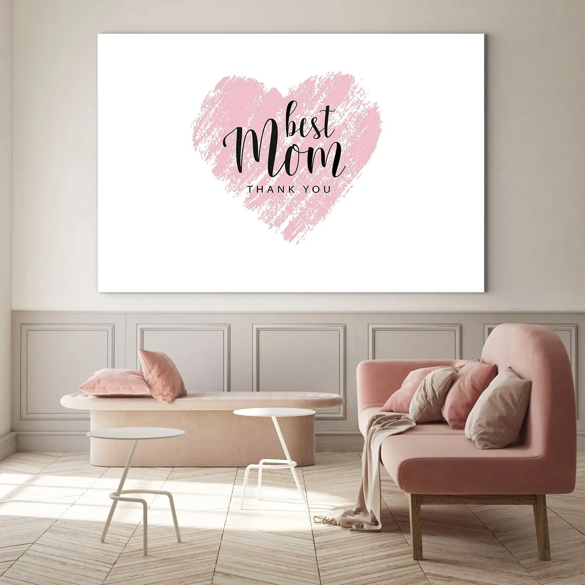 Tablou pe sticlă - O inimă roz cu cuvintele „Cea mai bună mamă” pe un fundal alb - 70x50cm - Întotdeauna la momentul potrivit - Decorațiune modernă pentru perete pentru living și dormitor ARTTOR