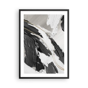 Poster în ramă neagră - Pensule abstracte în negru, alb și auriu - 50x70cm - Abstracție cu fler - Decorațiune modernă pentru perete pentru living și dormitor ARTTOR