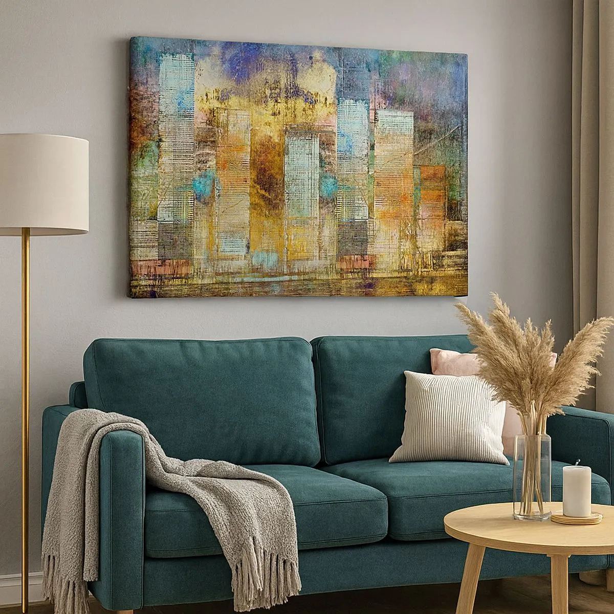 Tablou pe pânză Canvas - Zgârie-nori abstracte în stil industrial - 70x50cm - Metropola însorită - Decorațiune modernă pentru perete pentru living și dormitor ARTTOR