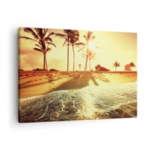 Tablou pe pânză Canvas - O plajă cu palmieri iluminați de un apus de soare cald - 70x50cm - California după-amiază - Decorațiune modernă pentru perete pentru living și dormitor ARTTOR