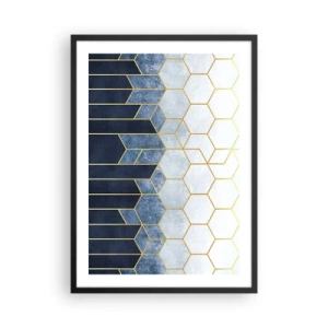 Poster în ramă neagră - Compoziție geometrică în nuanțe de albastru marin și auriu cu hexagoane - 50x70cm - Compoziție în ritm sincopat - Decorațiune modernă pentru perete pentru living și dormitor ARTTOR