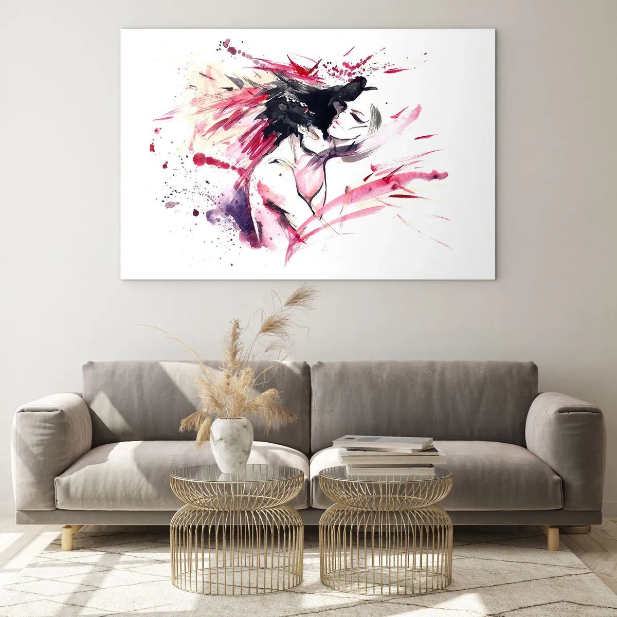 Tablou pe sticlă - O figură abstractă în culori dinamice de acuarelă. - 70x50cm - Împlinirea amoroasă - Decorațiune modernă pentru perete pentru living și dormitor ARTTOR