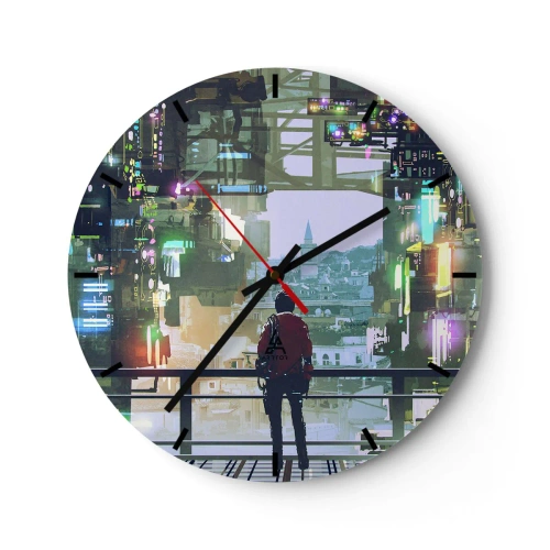 Ceas de perete - Ceas pe sticlă - O figură într-un oraș futurist cu lumini neon și o orizont în fundal - 30x30cm - Două lumi - Decorațiune modernă pentru perete pentru living, bucătărie și dormitor ARTTOR