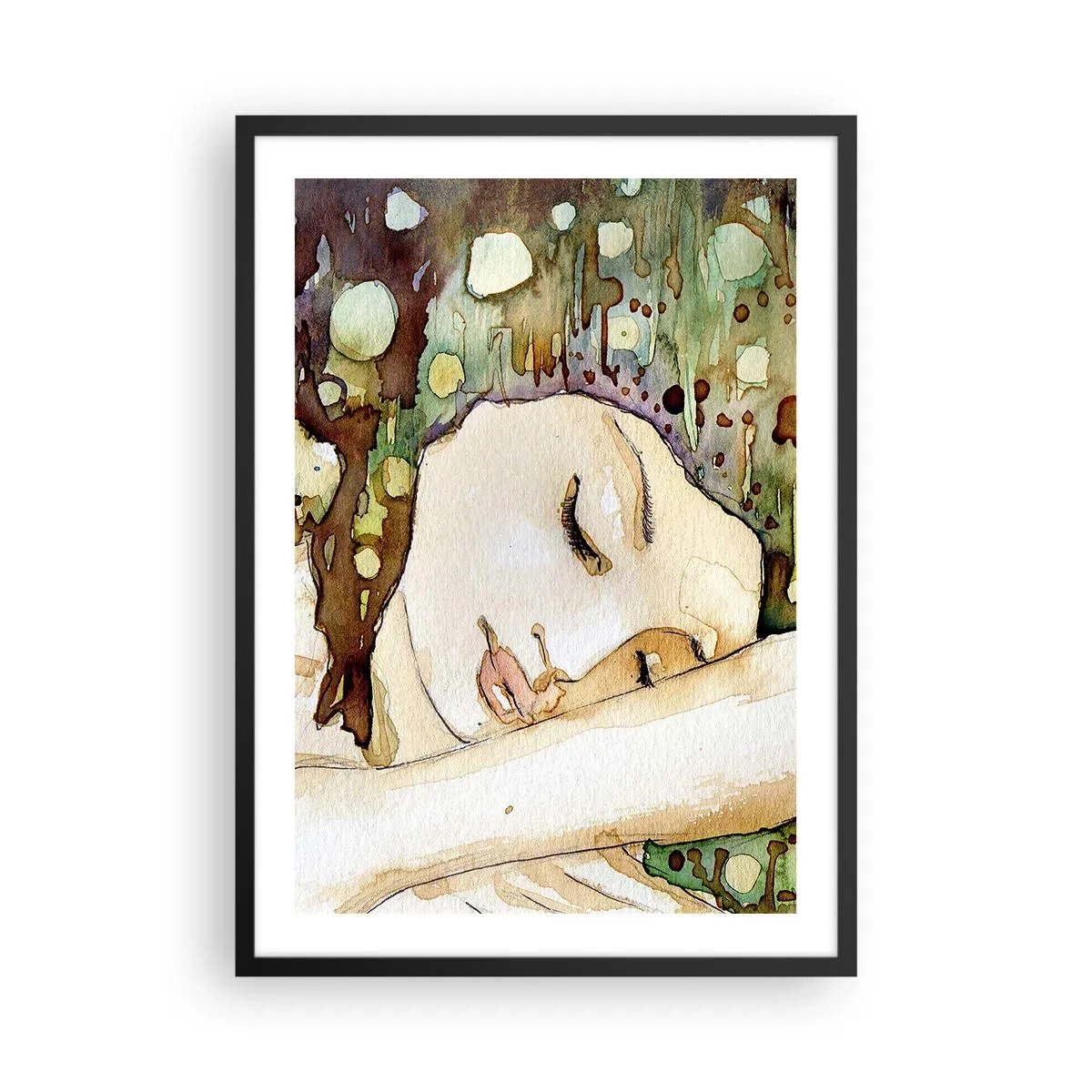 Poster în ramă neagră - Portret artistic în acuarelă al unei femei adormite - 50x70cm - Visul violet smarald - Decorațiune modernă pentru perete pentru living și dormitor ARTTOR