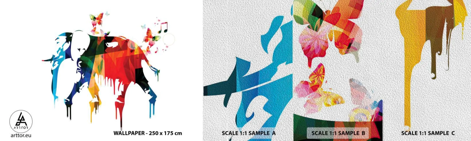 Mostră tapet Premium Sand - Toată lumea poate dansa - Abstracția, Elefant, Fluture - 100x30 cm