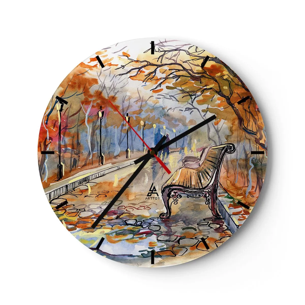 Ceas de perete - Ceas pe sticlă - Parc de toamnă cu o bancă în stil acuarelă - 30x30cm - Pășim împreună în toamnă - Decorațiune modernă pentru perete pentru living, bucătărie și dormitor ARTTOR