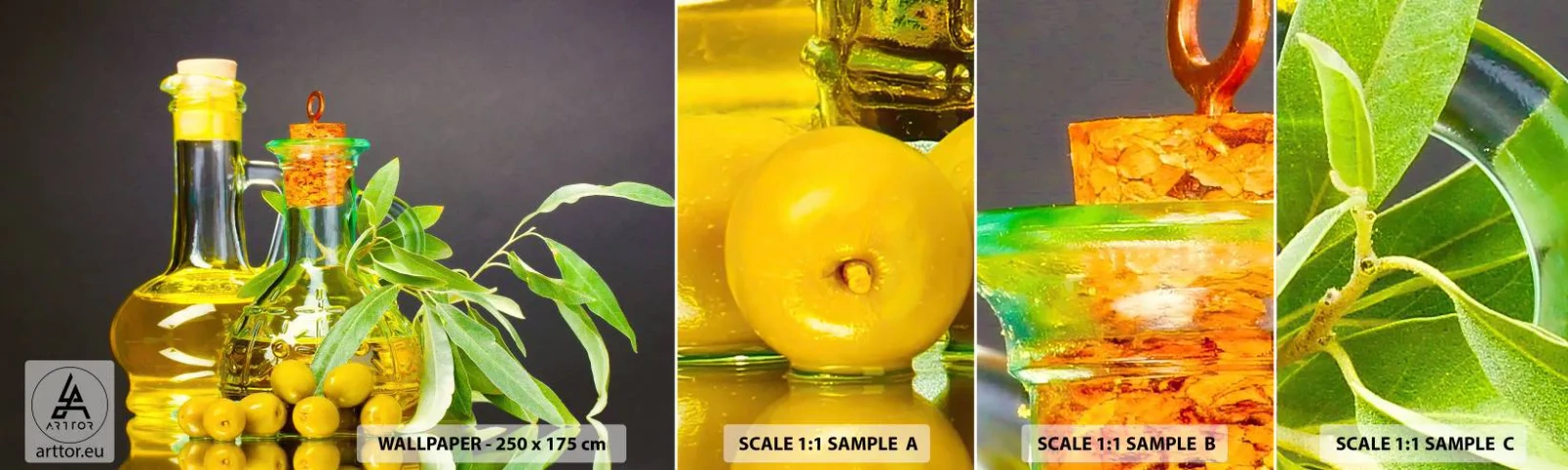 Mostră de Tapet Standard Eco - Natură moarte cu măsline și ulei - Gastronomie, Măsline, Ulei - 100x30 cm