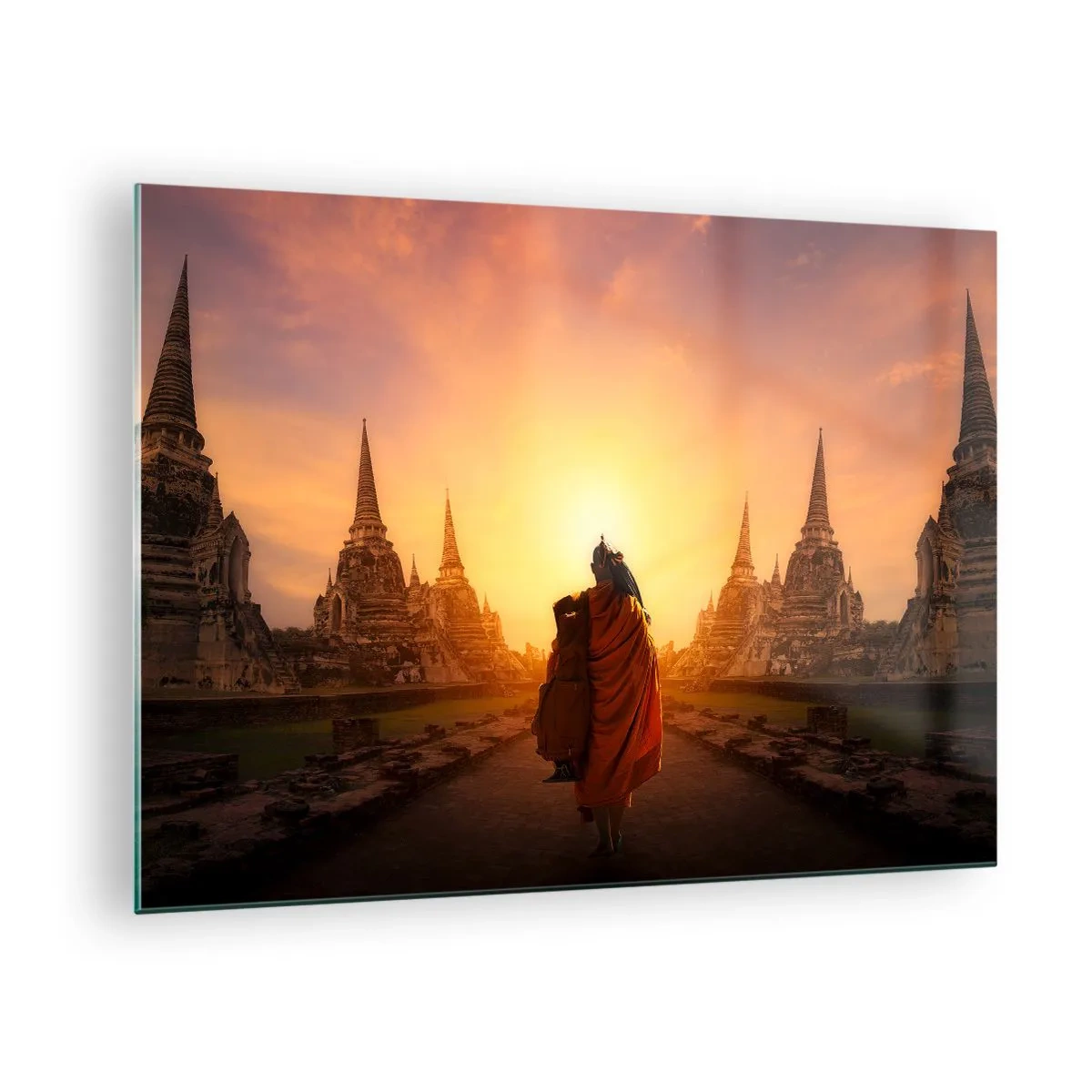 Tablou pe sticlă - Un călugăr pe fundalul apusului de soare și al templelor din Asia - 70x50cm - În pace prin eternitate - Decorațiune modernă pentru perete pentru living și dormitor ARTTOR