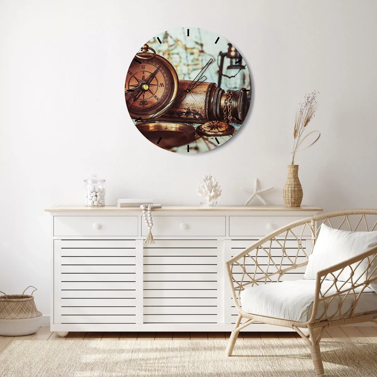 Ceas de perete - Ceas pe sticlă - Busolă și telescop vintage - 30x30cm - Te așteaptă o aventură cu pirați în Caraibe - Decorațiune modernă pentru perete pentru living, bucătărie și dormitor ARTTOR