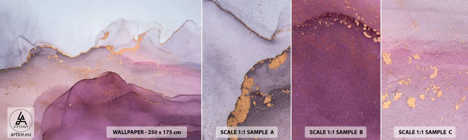 Mostră tapet autocolant Deluxe Sticker - Valuri de liliac și violet - Abstracția, Bucată, Artă Modernă. - 100x30 cm