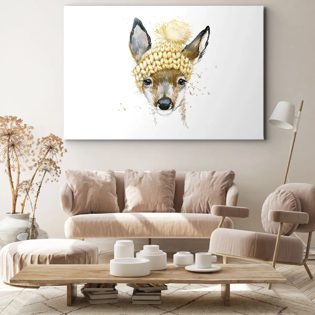 Tablou pe pânză Canvas - Cerb în acuarelă cu o căciulă galbenă - 70x50cm - Pentru iarnă într-o pădure înzăpezită - Decorațiune modernă pentru perete pentru living și dormitor ARTTOR