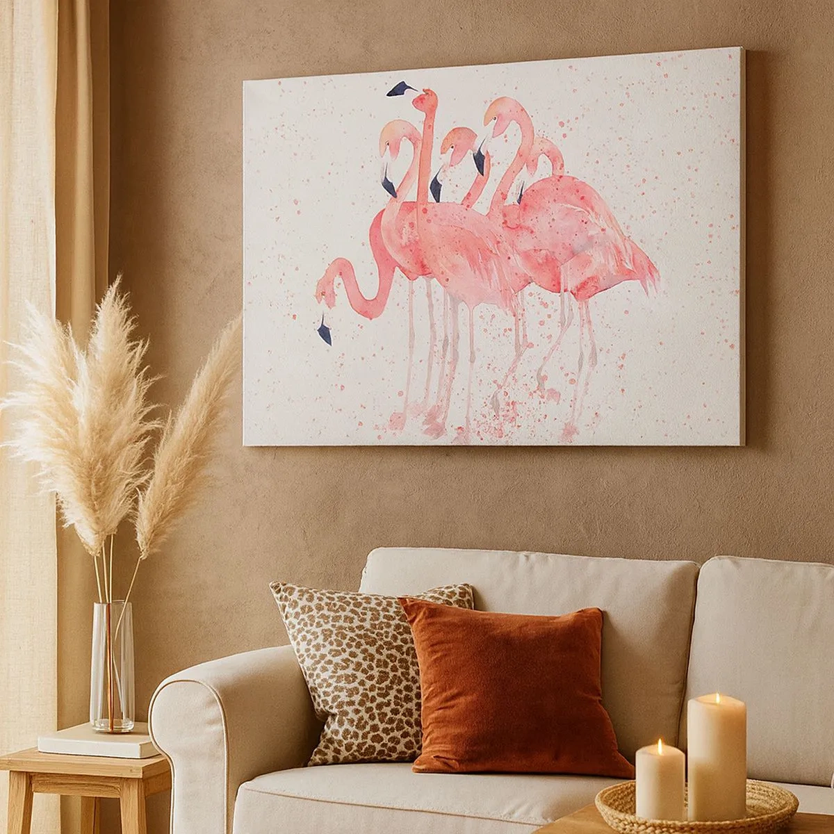 Tablou pe pânză Canvas - Flamingi roz într-un stil artistic de acuarelă - 70x50cm - Ansamblul roz - Decorațiune modernă pentru perete pentru living și dormitor ARTTOR