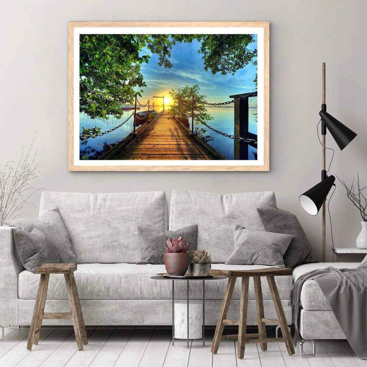 Poster în ramă de stejar deschis - Apusul la malul apei - 100x70 cm