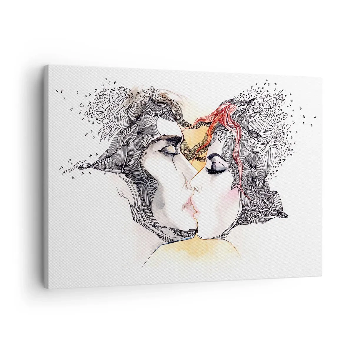Tablou pe pânză Canvas - Portret artistic al unui cuplu cu motive abstracte pentru păr - 70x50cm - Lumea nu există - Decorațiune modernă pentru perete pentru living și dormitor ARTTOR