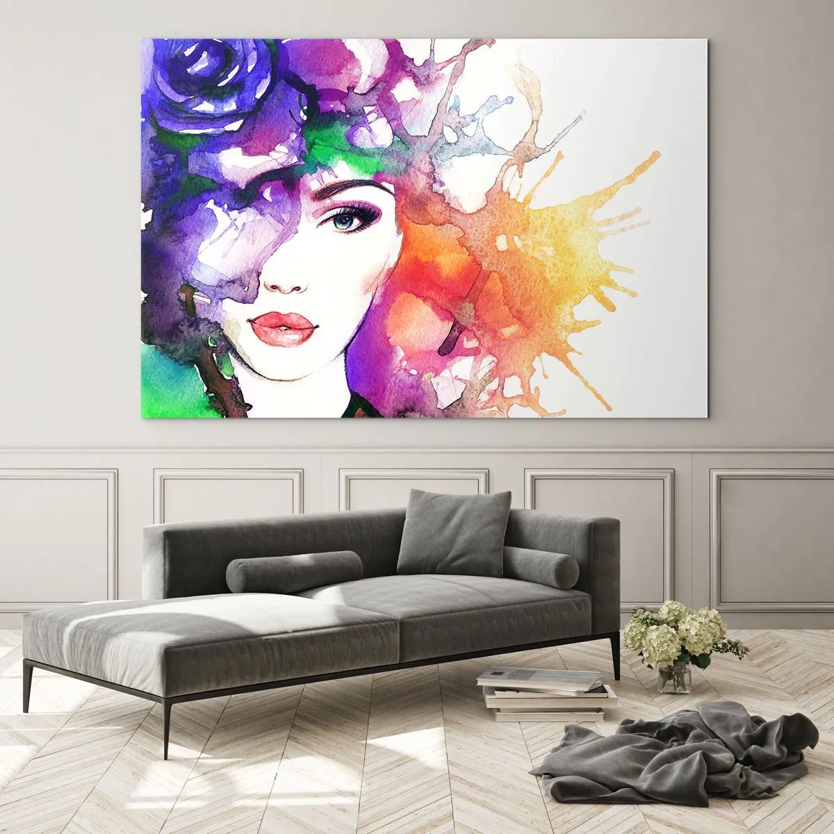 Tablou pe sticlă - O femeie cu un fundal estompat și colorat, în stil acuarelă - 70x50cm - Cu capul în nori - Decorațiune modernă pentru perete pentru living și dormitor ARTTOR