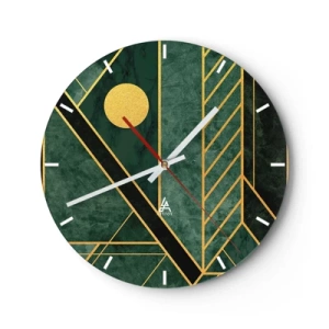 Ceas de perete - Ceas pe sticlă - Fundal verde cu linii geometrice aurii și un cerc auriu - 30x30cm - Dinamica aurului și a azurului - Decorațiune modernă pentru perete pentru living, bucătărie și dormitor ARTTOR
