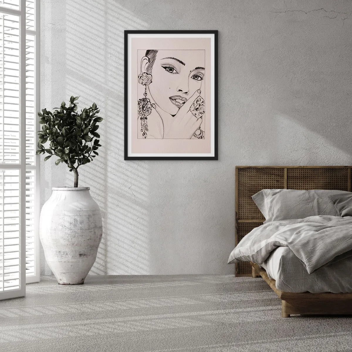 Poster în ramă neagră - Schiță a unei femei purtând bijuterii fermecătoare - 50x70cm - Cea mai frumoasă bijuterie - Decorațiune modernă pentru perete pentru living și dormitor ARTTOR