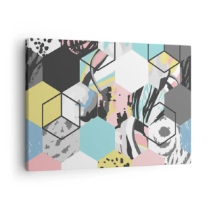 Tablou pe pânză Canvas - Model hexagonal geometric cu detalii abstracte colorate - 70x50cm - Hexagoane și cuburi în șase culori - Decorațiune modernă pentru perete pentru living și dormitor ARTTOR