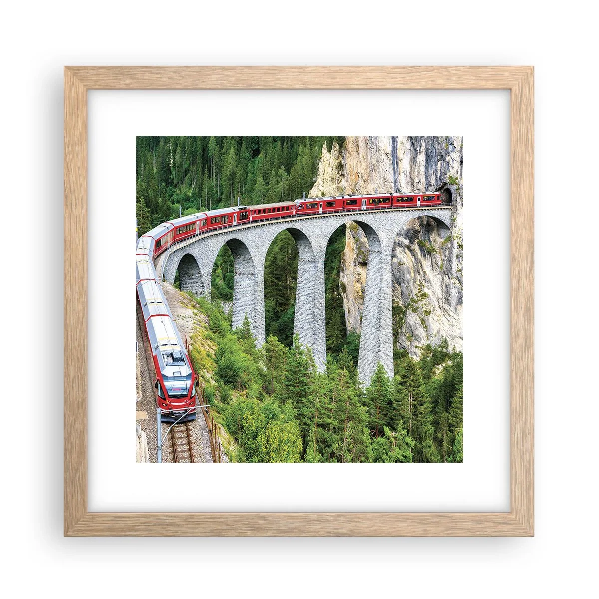 Poster în ramă de stejar deschis - Cu trenul prin munți - 30x30 cm