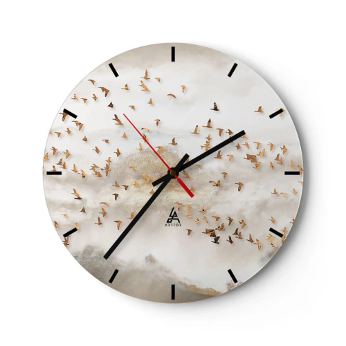 Ceas de perete - Ceas pe sticlă - Un stol de păsări zburând pe fundalul munților într-o ceață delicată - 30x30cm - A sosit timpul... - Decorațiune modernă pentru perete pentru living, bucătărie și dormitor ARTTOR