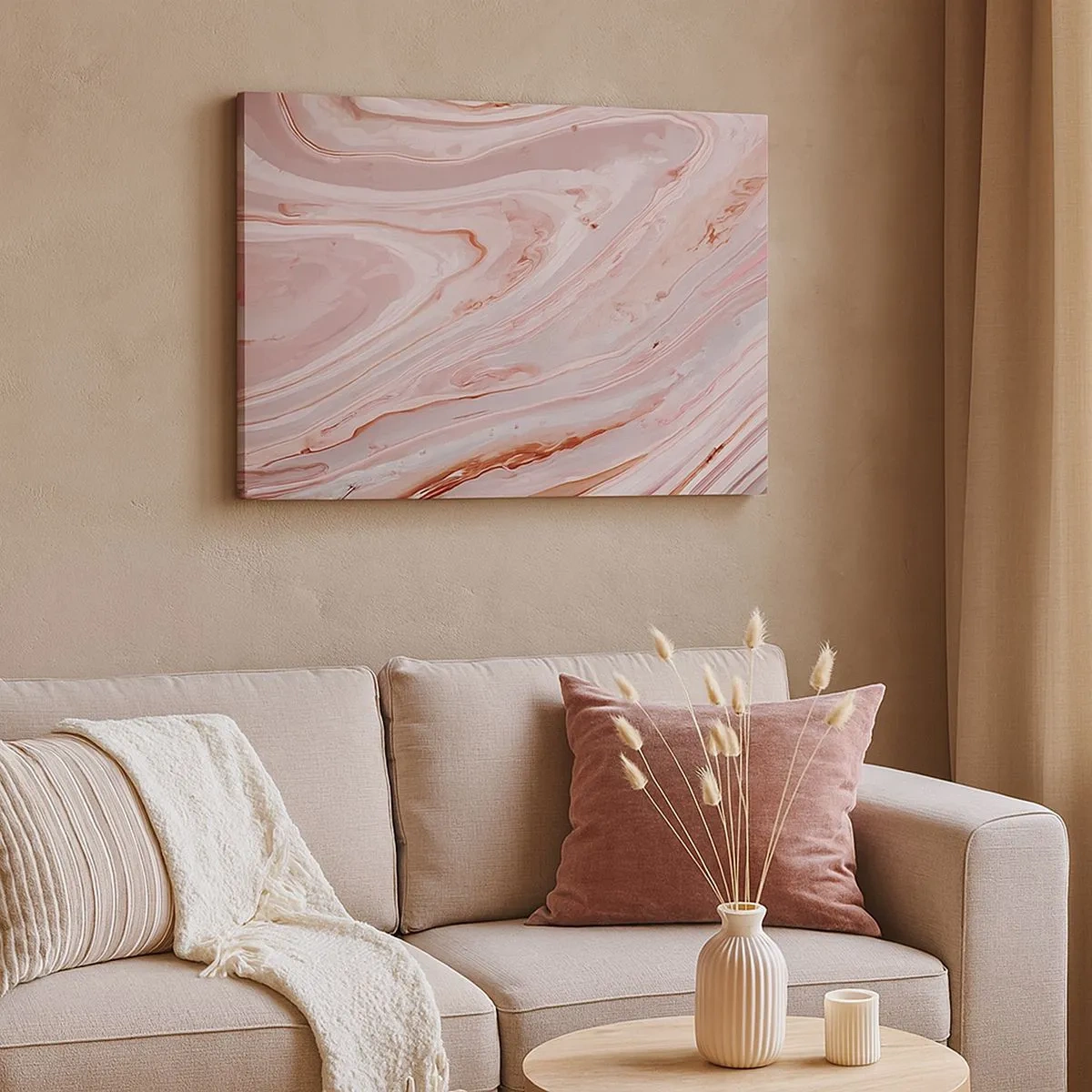 Tablou pe pânză Canvas - Valuri abstracte în nuanțe delicate de roz și bej - 70x50cm - Roz lichid - Decorațiune modernă pentru perete pentru living și dormitor ARTTOR